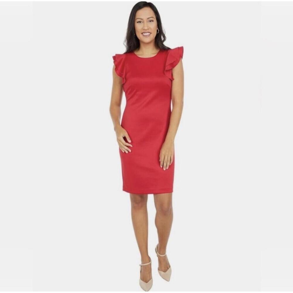 Tommy Hilfiger | Women’s Red Scuba Flutter Ruffle Cap Sleeve Sheath Dress Size 8